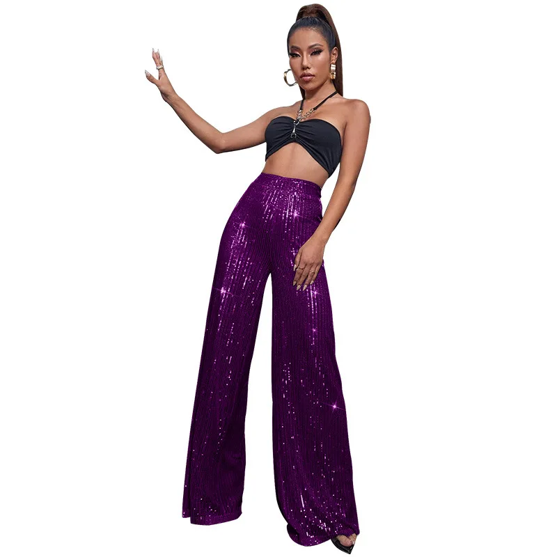 Women High Waist Sequin Sparkle Flared Pants Casual Loose Wide Leg Bell Bottom Trousers Glitter Bling Clubwear Party Shiny Pants