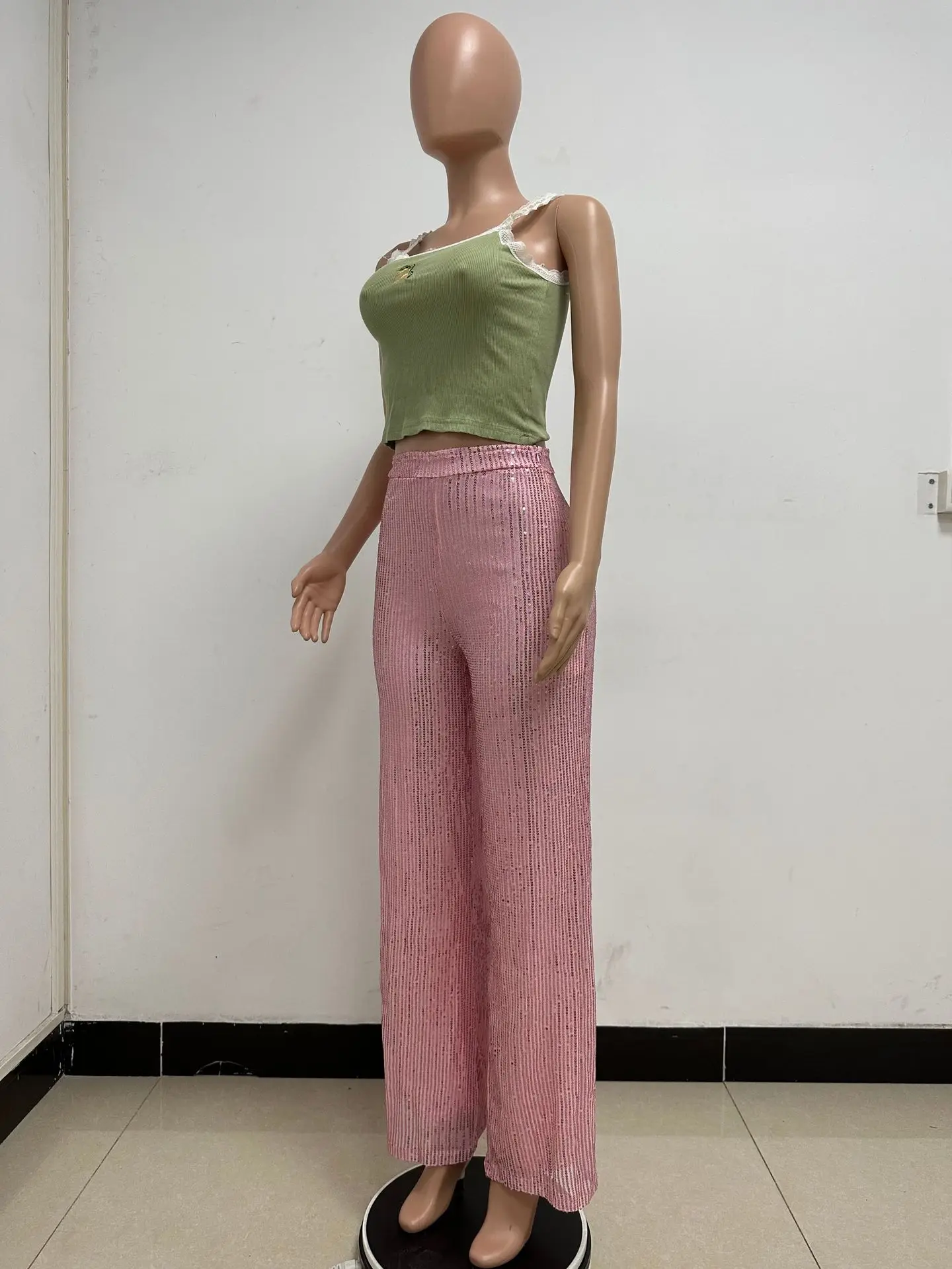 Women High Waist Sequin Sparkle Flared Pants Casual Loose Wide Leg Bell Bottom Trousers Glitter Bling Clubwear Party Shiny Pants