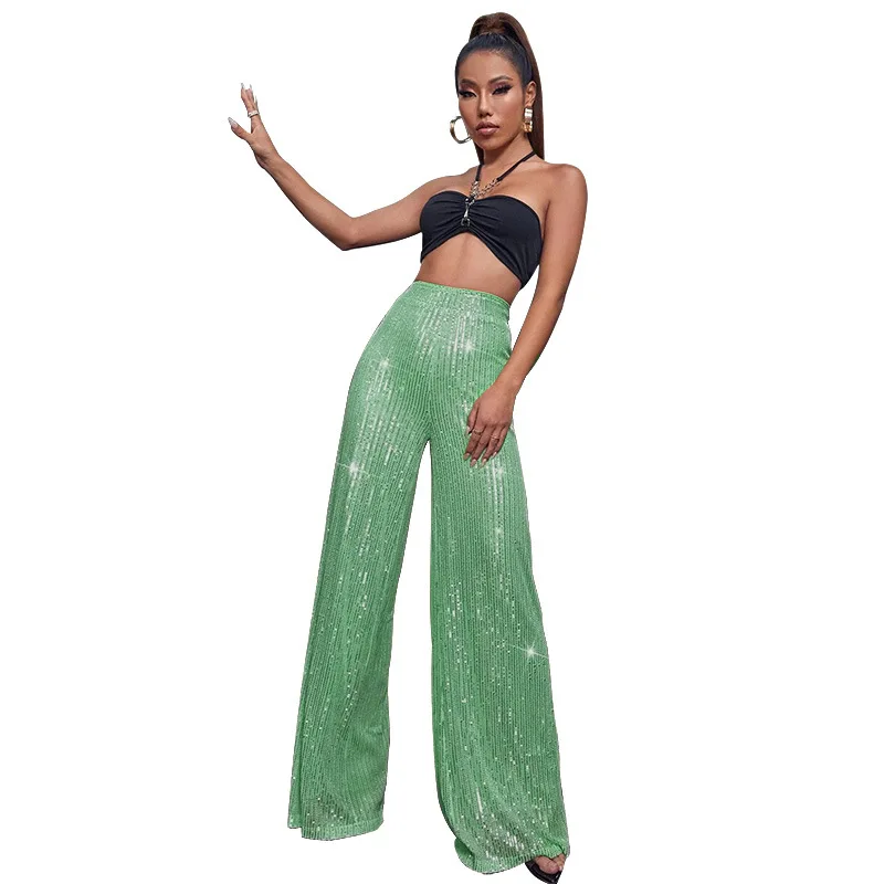 Women High Waist Sequin Sparkle Flared Pants Casual Loose Wide Leg Bell Bottom Trousers Glitter Bling Clubwear Party Shiny Pants