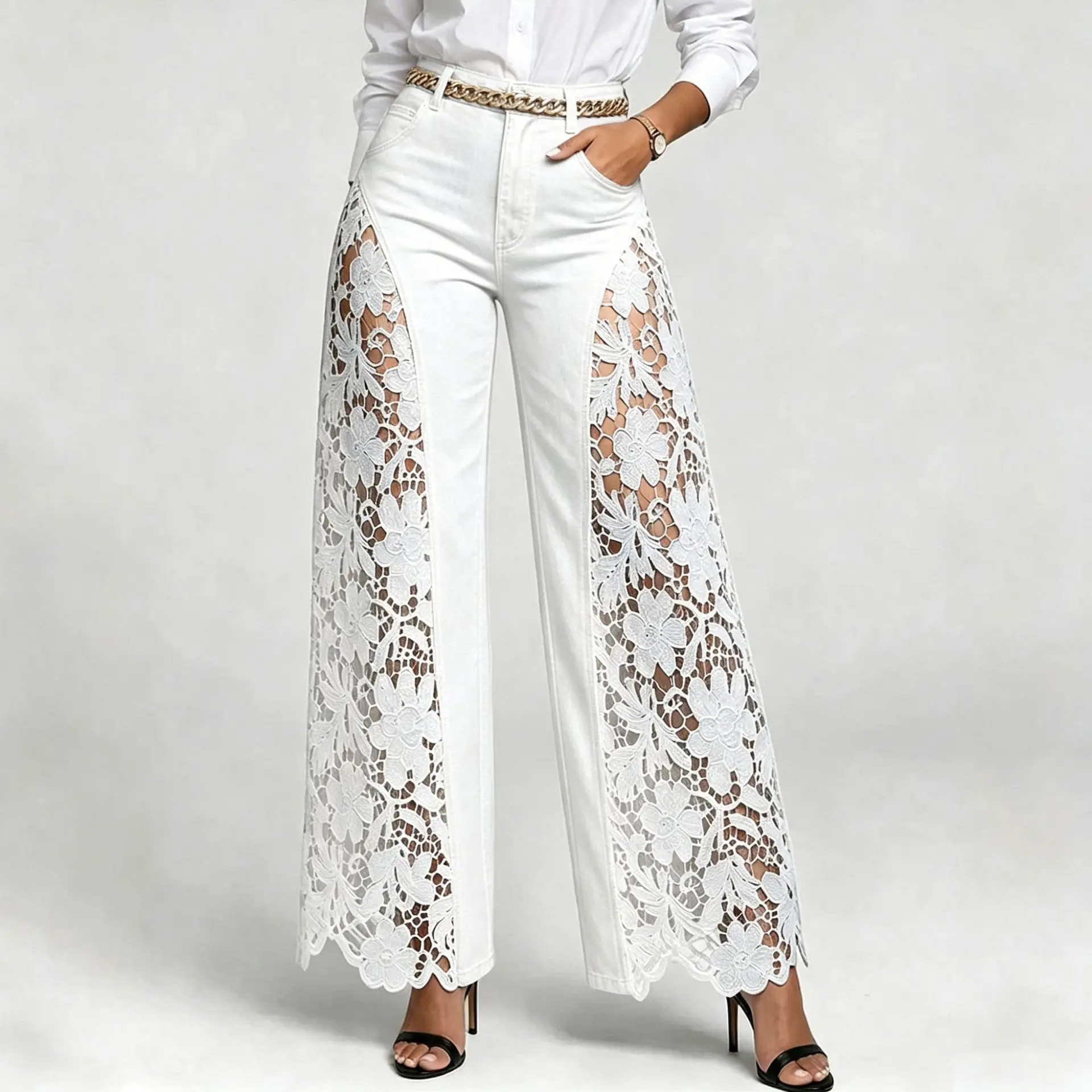 Denim Pant Women Jeans Vintage Wide Leg Long Pants High Waist Trousers Y2k Streetwear Elegant Work Lace Hollow Out Sexy Casual