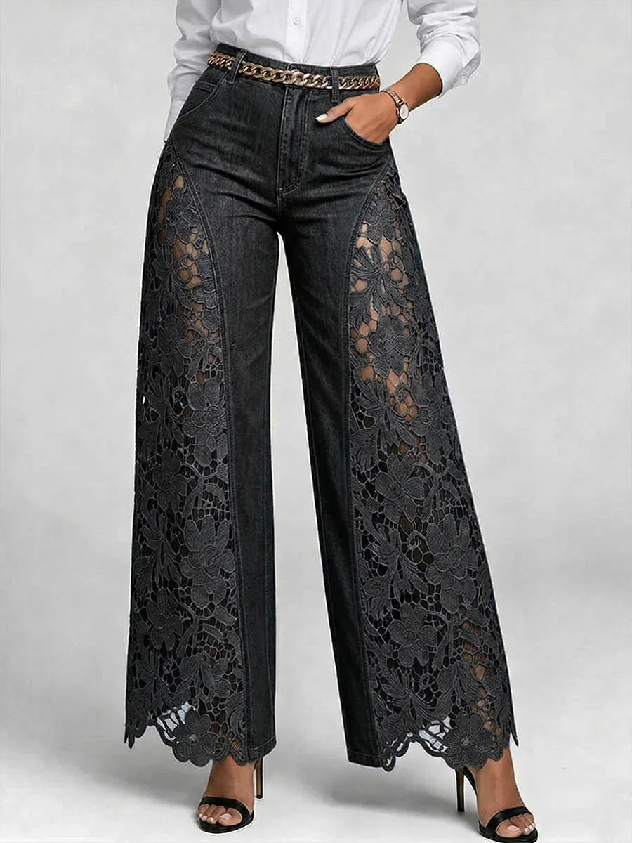 Denim Pant Women Jeans Vintage Wide Leg Long Pants High Waist Trousers Y2k Streetwear Elegant Work Lace Hollow Out Sexy Casual