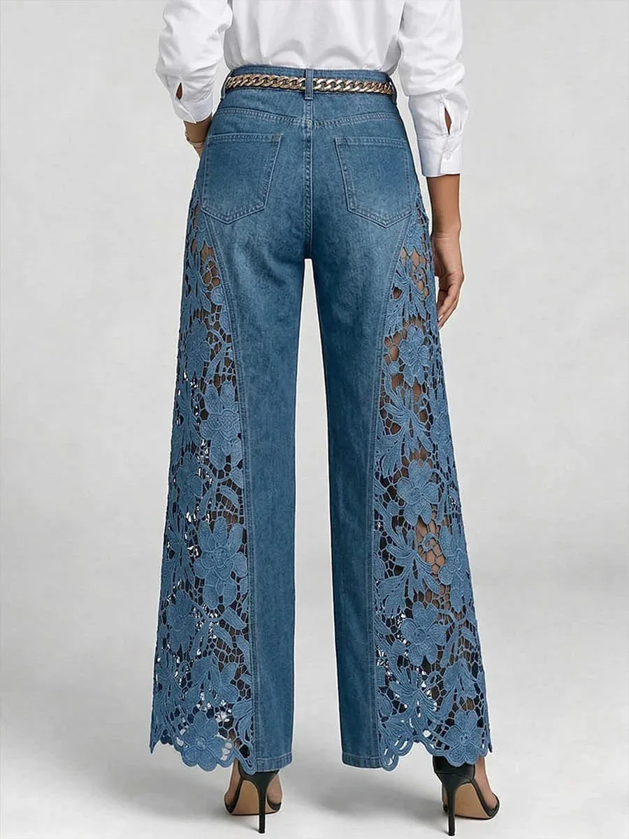 Denim Pant Women Jeans Vintage Wide Leg Long Pants High Waist Trousers Y2k Streetwear Elegant Work Lace Hollow Out Sexy Casual