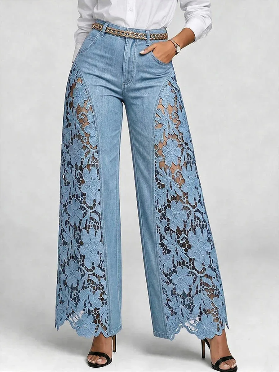 Denim Pant Women Jeans Vintage Wide Leg Long Pants High Waist Trousers Y2k Streetwear Elegant Work Lace Hollow Out Sexy Casual
