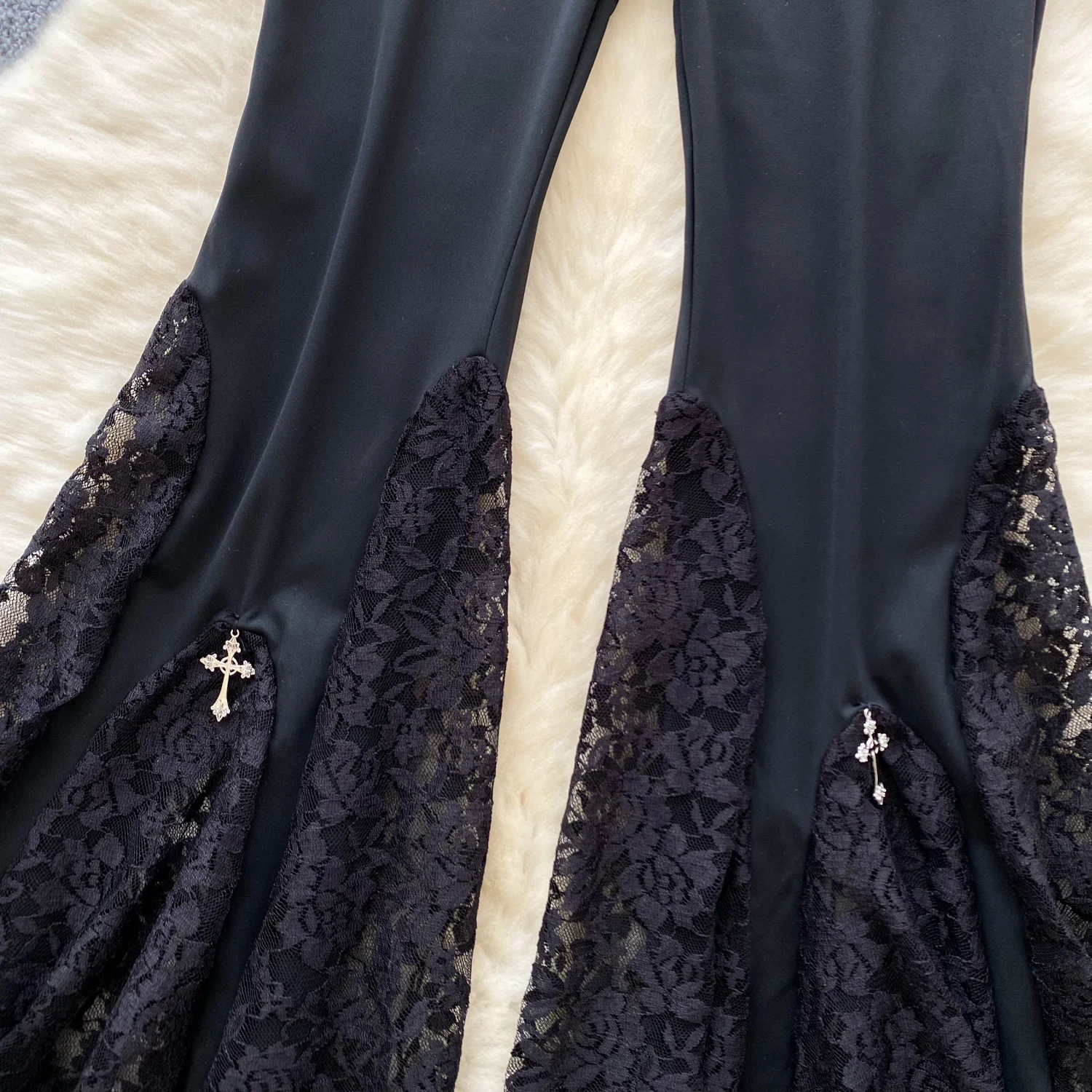 Women Streetwear Black Long Pants Spring Autumn High Waisted Lace Mesh Spliced Flared Pants Female Vintage Pants