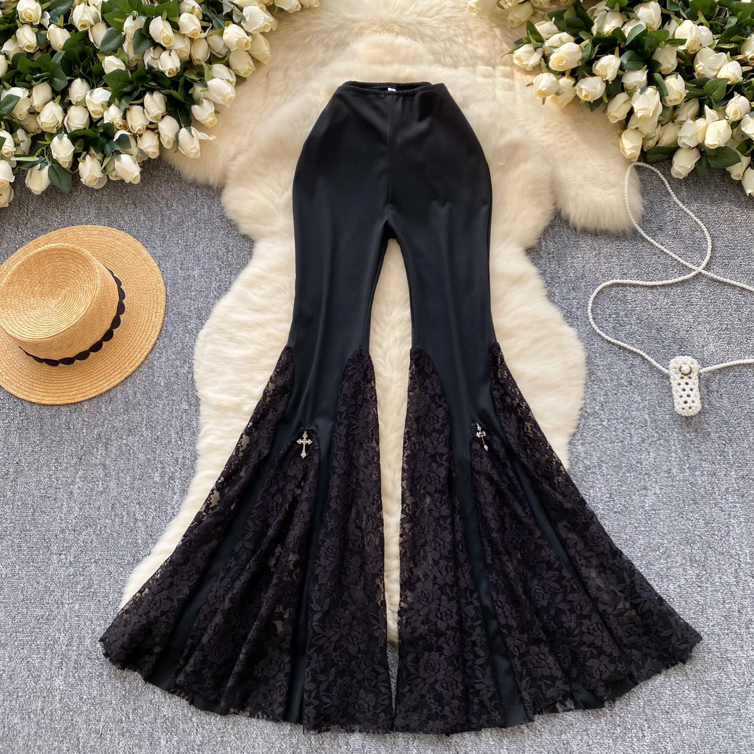 Women Streetwear Black Long Pants Spring Autumn High Waisted Lace Mesh Spliced Flared Pants Female Vintage Pants