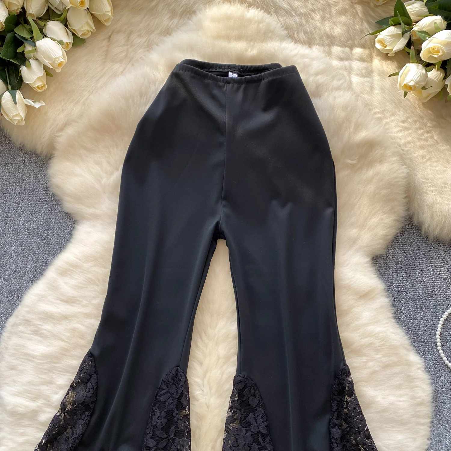 Women Streetwear Black Long Pants Spring Autumn High Waisted Lace Mesh Spliced Flared Pants Female Vintage Pants