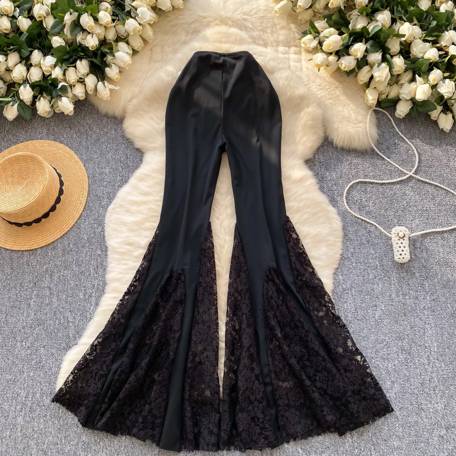 Women Streetwear Black Long Pants Spring Autumn High Waisted Lace Mesh Spliced Flared Pants Female Vintage Pants