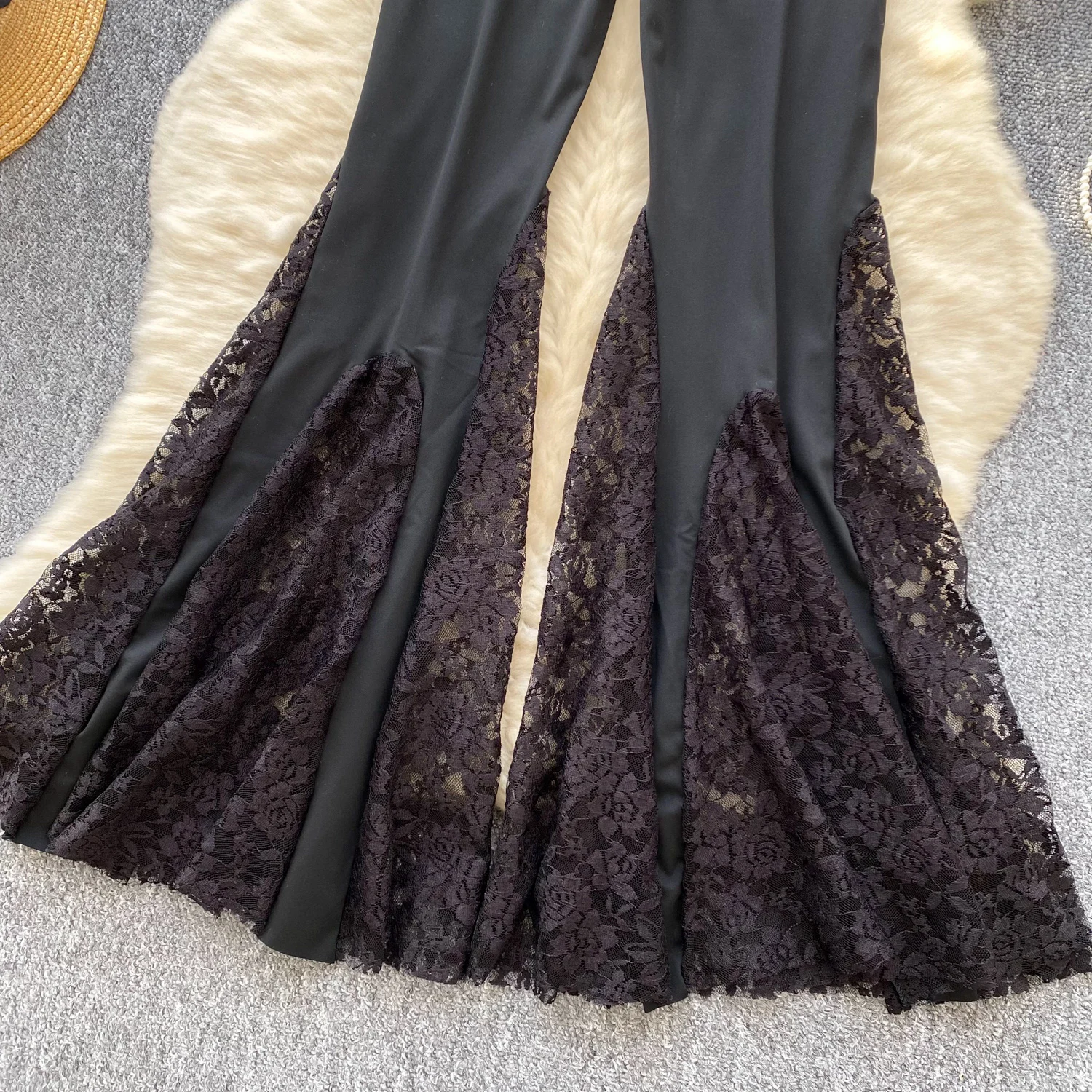 Women Streetwear Black Long Pants Spring Autumn High Waisted Lace Mesh Spliced Flared Pants Female Vintage Pants