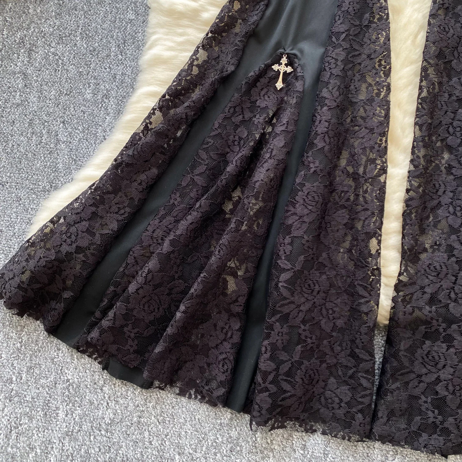 Women Streetwear Black Long Pants Spring Autumn High Waisted Lace Mesh Spliced Flared Pants Female Vintage Pants