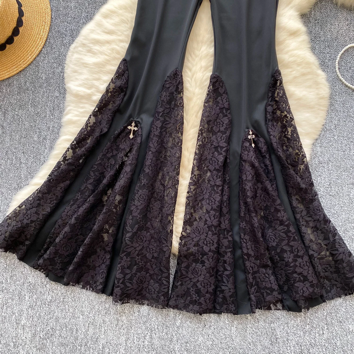 Women Streetwear Black Long Pants Spring Autumn High Waisted Lace Mesh Spliced Flared Pants Female Vintage Pants