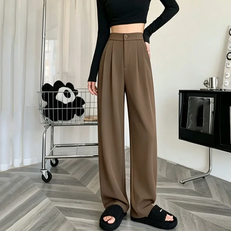 Spring Autumn Casual Loose Suit Pants Women Korean High Waist Office Wear Straight Pants Versatile Solid Floor Length Trousers
