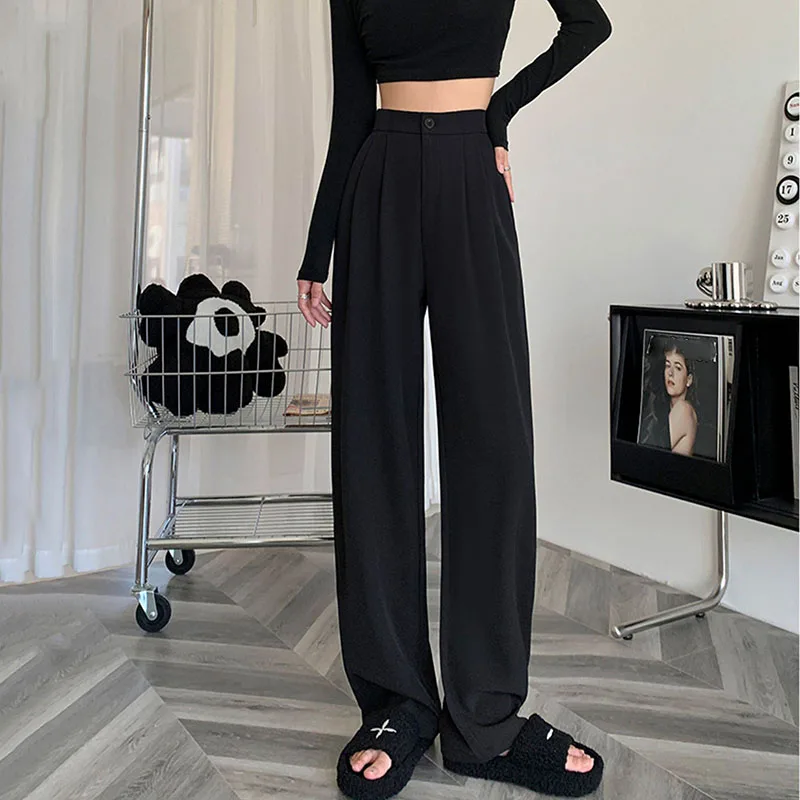 Spring Autumn Casual Loose Suit Pants Women Korean High Waist Office Wear Straight Pants Versatile Solid Floor Length Trousers