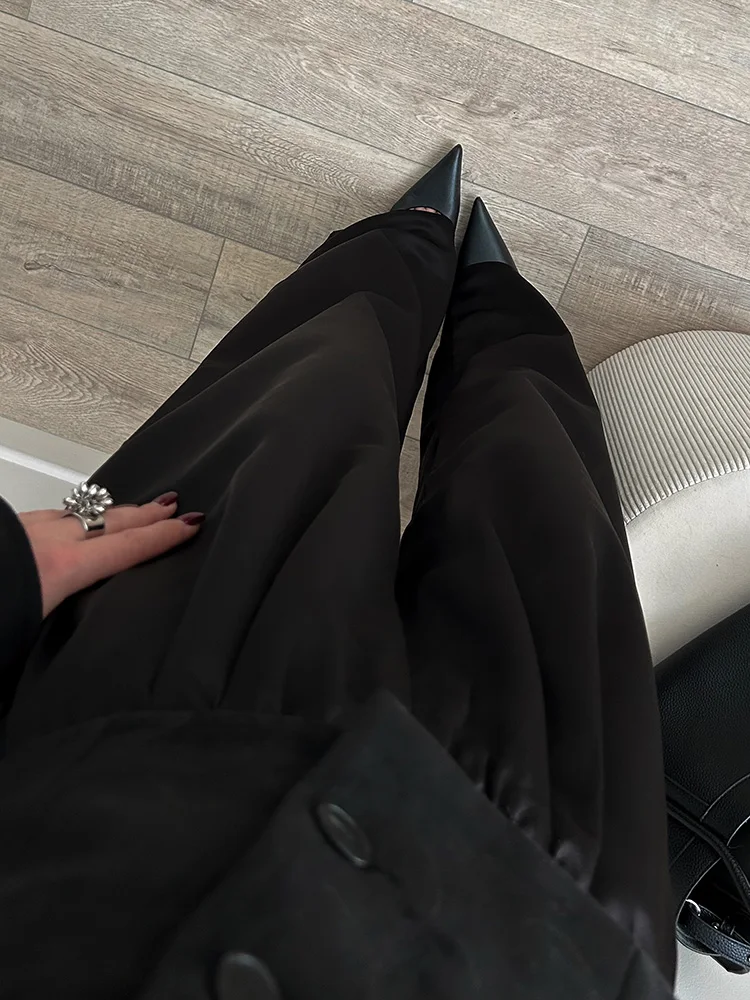 Luxury Wide Leg Satin Pants For Women Trousers With Pockets Black Women's Pants And Trousers Brown High Waist Baggy For Ladies