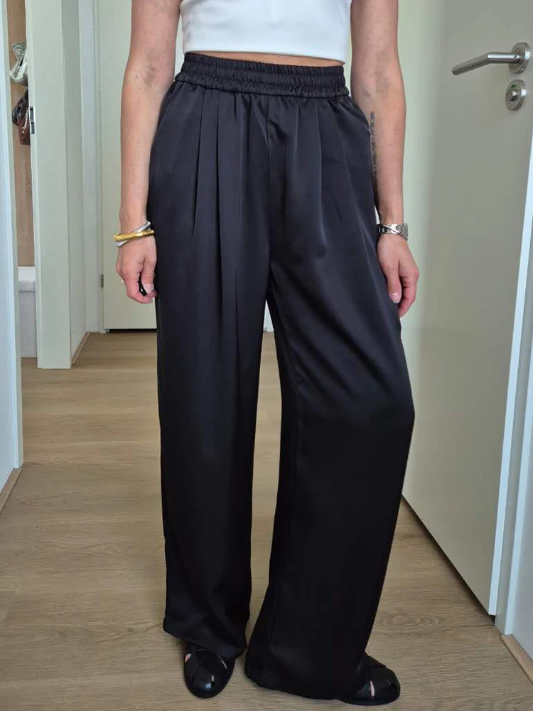 Luxury Wide Leg Satin Pants For Women Trousers With Pockets Black Women's Pants And Trousers Brown High Waist Baggy For Ladies