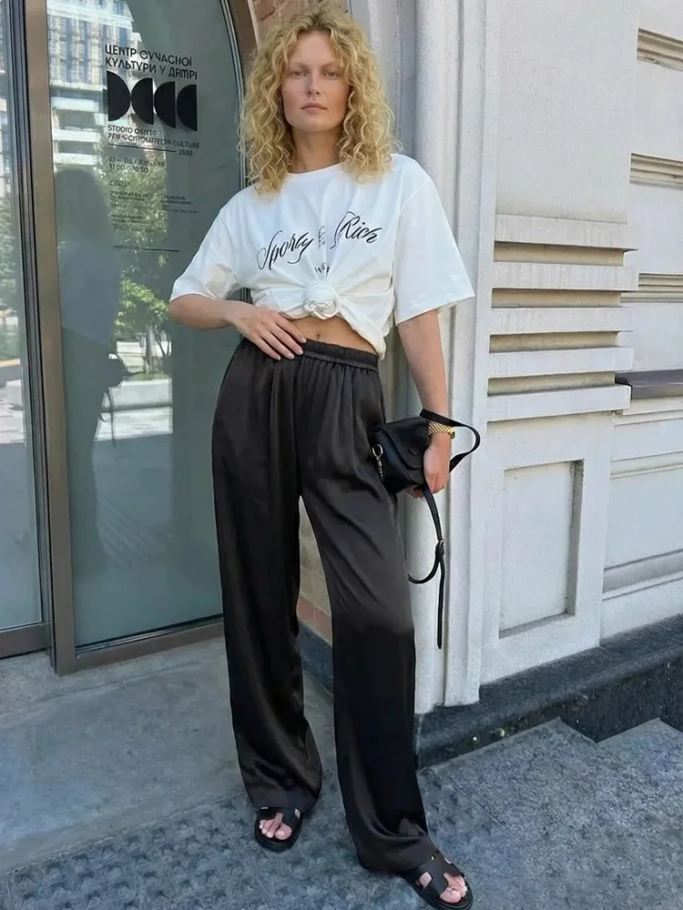 Luxury Wide Leg Satin Pants For Women Trousers With Pockets Black Women's Pants And Trousers Brown High Waist Baggy For Ladies