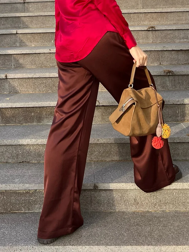 Luxury Wide Leg Satin Pants For Women Trousers With Pockets Black Women's Pants And Trousers Brown High Waist Baggy For Ladies