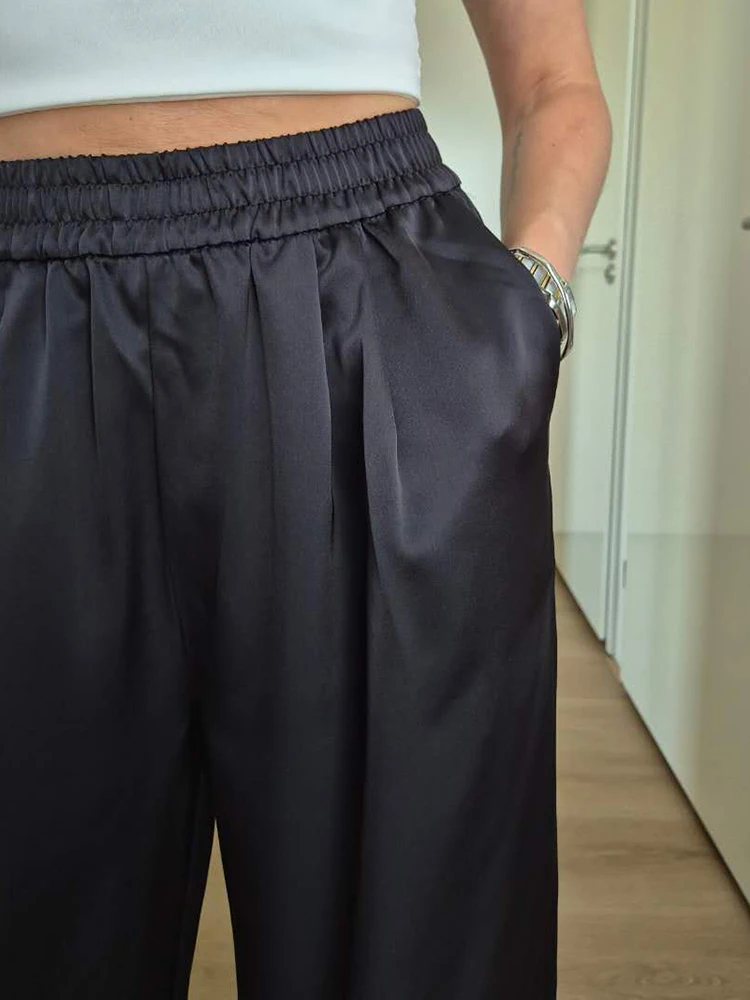 Luxury Wide Leg Satin Pants For Women Trousers With Pockets Black Women's Pants And Trousers Brown High Waist Baggy For Ladies