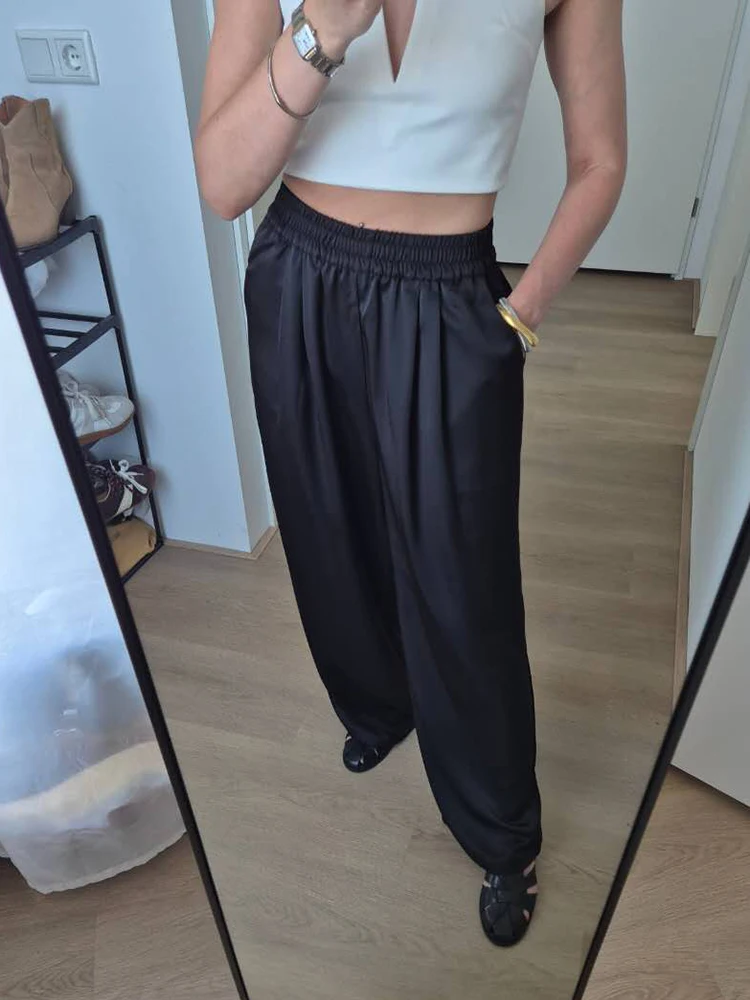 Luxury Wide Leg Satin Pants For Women Trousers With Pockets Black Women's Pants And Trousers Brown High Waist Baggy For Ladies