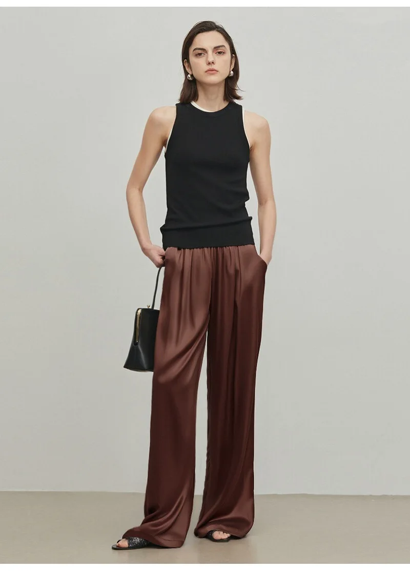 Luxury Wide Leg Satin Pants For Women Trousers With Pockets Black Women's Pants And Trousers Brown High Waist Baggy For Ladies