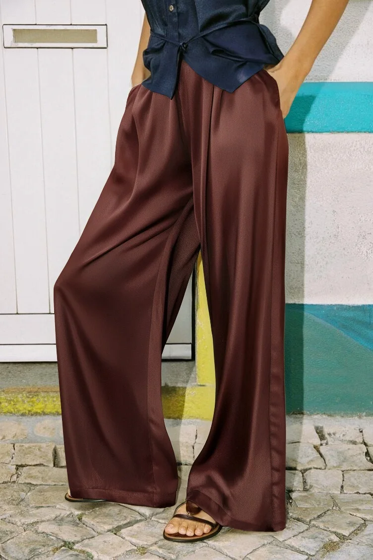 Luxury Wide Leg Satin Pants For Women Trousers With Pockets Black Women's Pants And Trousers Brown High Waist Baggy For Ladies