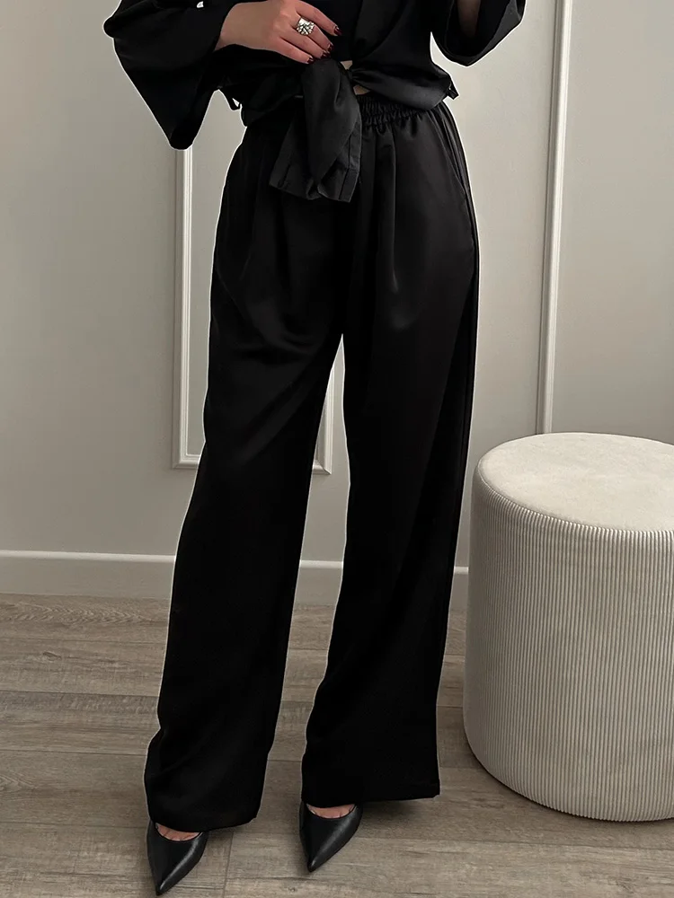 Luxury Wide Leg Satin Pants For Women Trousers With Pockets Black Women's Pants And Trousers Brown High Waist Baggy For Ladies