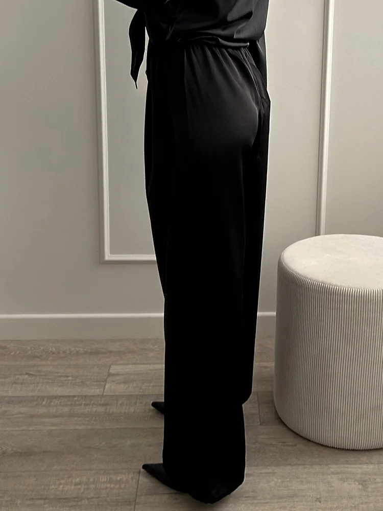 Luxury Wide Leg Satin Pants For Women Trousers With Pockets Black Women's Pants And Trousers Brown High Waist Baggy For Ladies