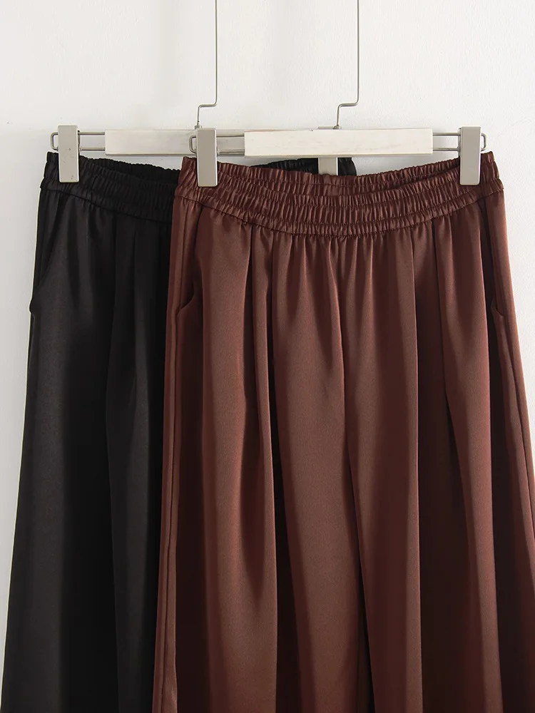 Luxury Wide Leg Satin Pants For Women Trousers With Pockets Black Women's Pants And Trousers Brown High Waist Baggy For Ladies
