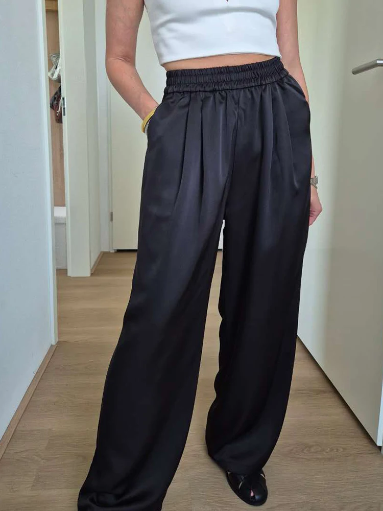 Luxury Wide Leg Satin Pants For Women Trousers With Pockets Black Women's Pants And Trousers Brown High Waist Baggy For Ladies