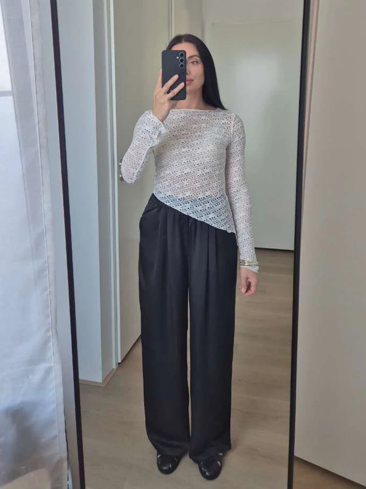Luxury Wide Leg Satin Pants For Women Trousers With Pockets Black Women's Pants And Trousers Brown High Waist Baggy For Ladies