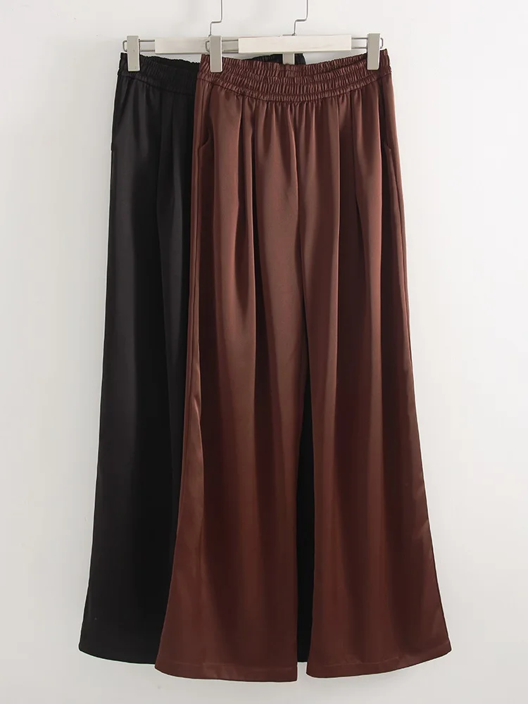 Luxury Wide Leg Satin Pants For Women Trousers With Pockets Black Women's Pants And Trousers Brown High Waist Baggy For Ladies