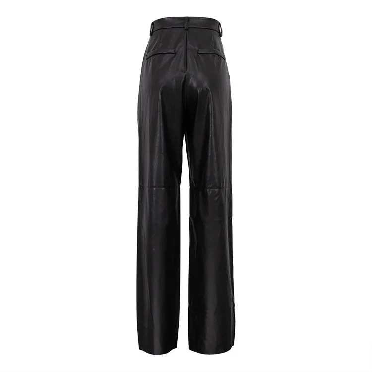 Fashion Solid Color PU Leather Pants Women 2025 New Trendy Lady Commuting Clothing High Waist Straight Trousers Women's Pants