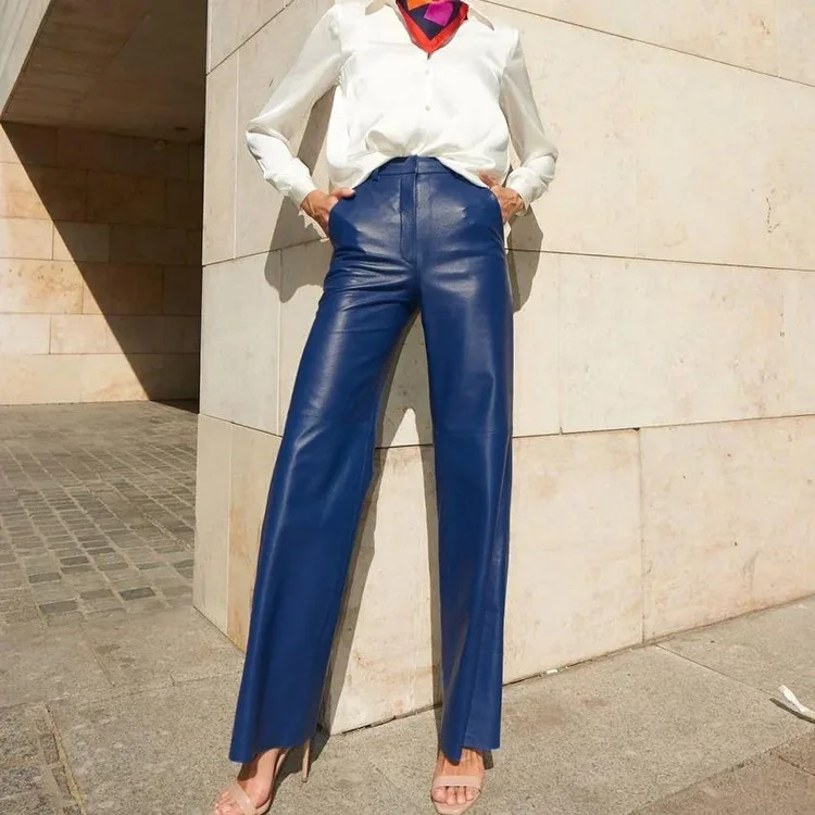Fashion Solid Color PU Leather Pants Women 2025 New Trendy Lady Commuting Clothing High Waist Straight Trousers Women's Pants