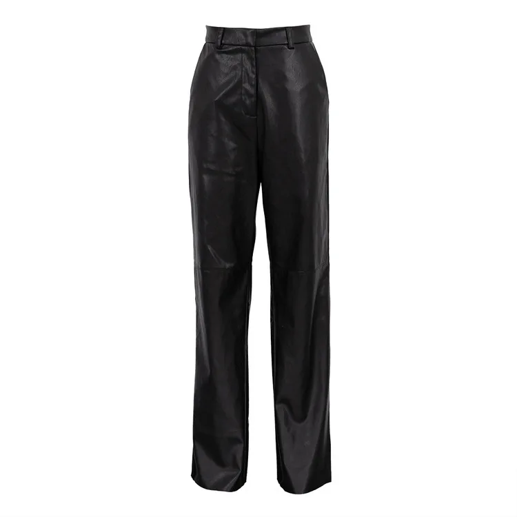 Fashion Solid Color PU Leather Pants Women 2025 New Trendy Lady Commuting Clothing High Waist Straight Trousers Women's Pants