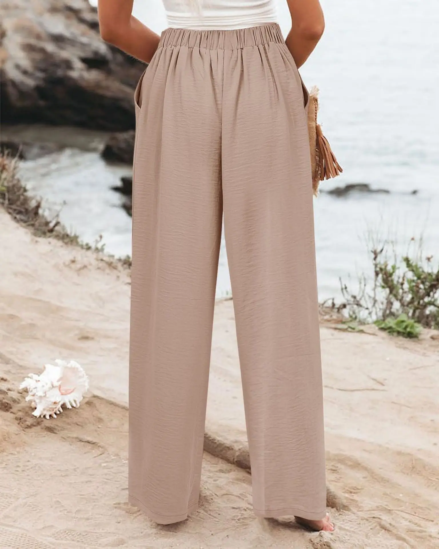 Retro Comfortable Summer Pocket Wide Leg Pants Women Elastic High Waist Casual Pants Loose Straight Solid Women's Trousers 2024
