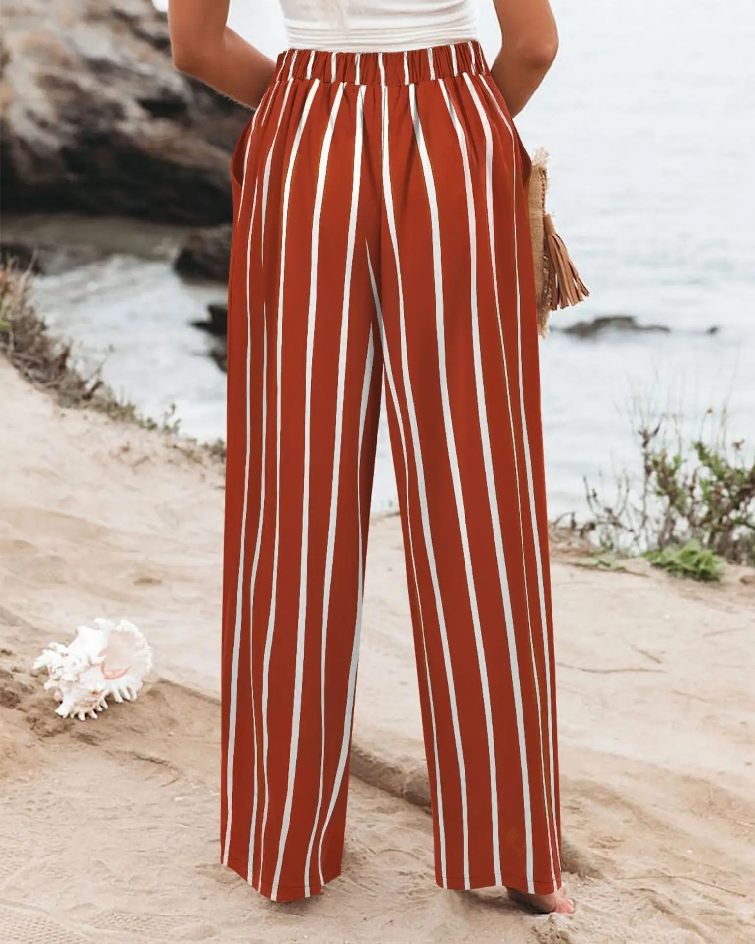 Retro Comfortable Summer Pocket Wide Leg Pants Women Elastic High Waist Casual Pants Loose Straight Solid Women's Trousers 2024
