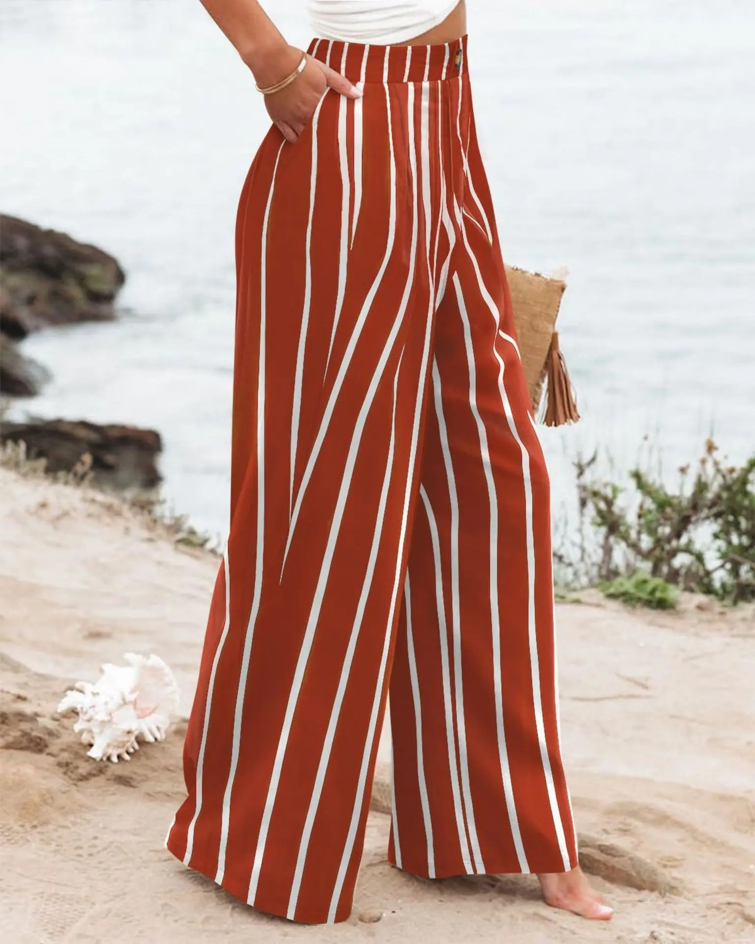 Retro Comfortable Summer Pocket Wide Leg Pants Women Elastic High Waist Casual Pants Loose Straight Solid Women's Trousers 2024
