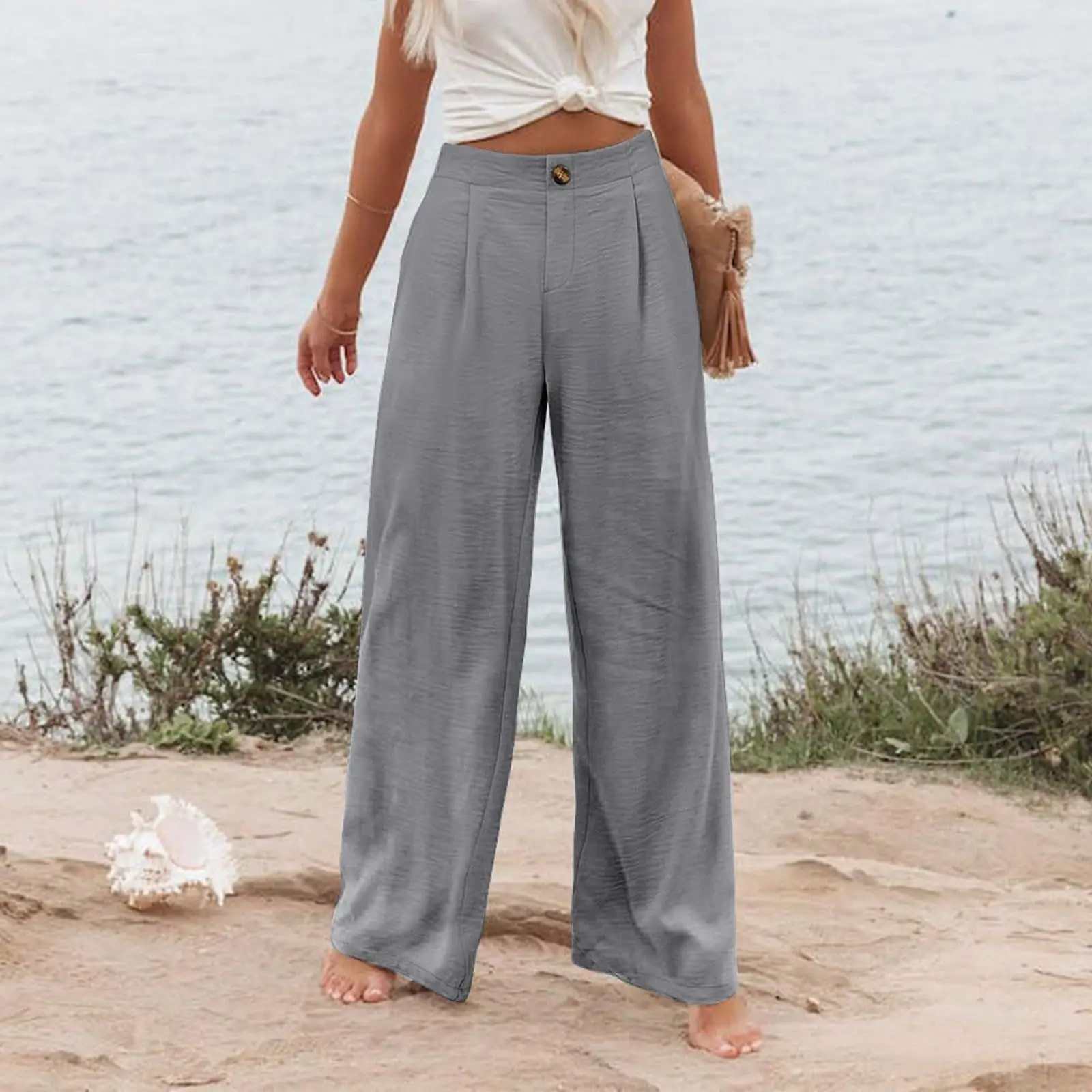 Retro Comfortable Summer Pocket Wide Leg Pants Women Elastic High Waist Casual Pants Loose Straight Solid Women's Trousers 2024