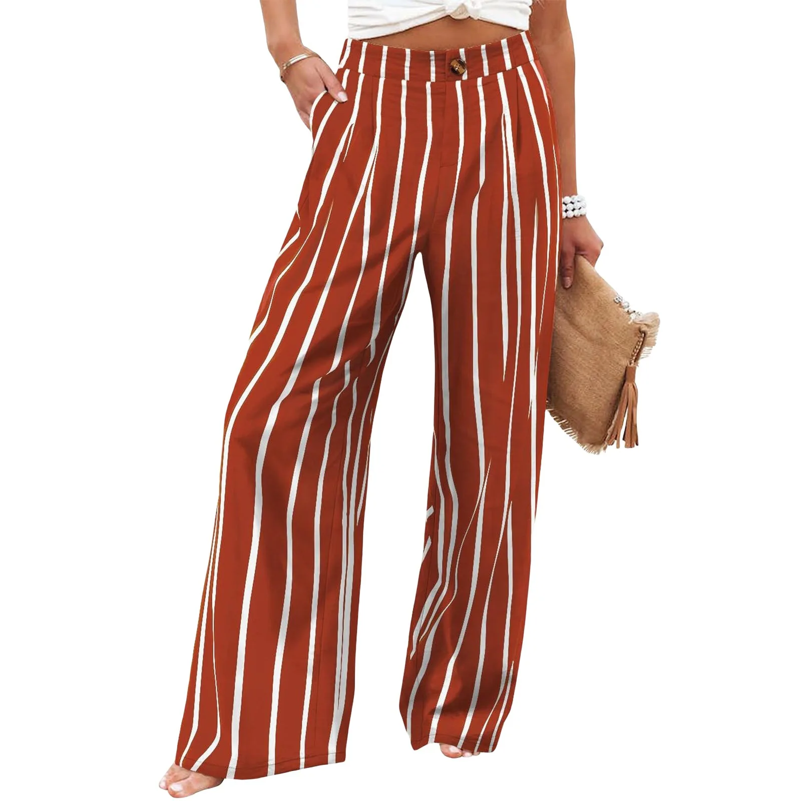 Retro Comfortable Summer Pocket Wide Leg Pants Women Elastic High Waist Casual Pants Loose Straight Solid Women's Trousers 2024