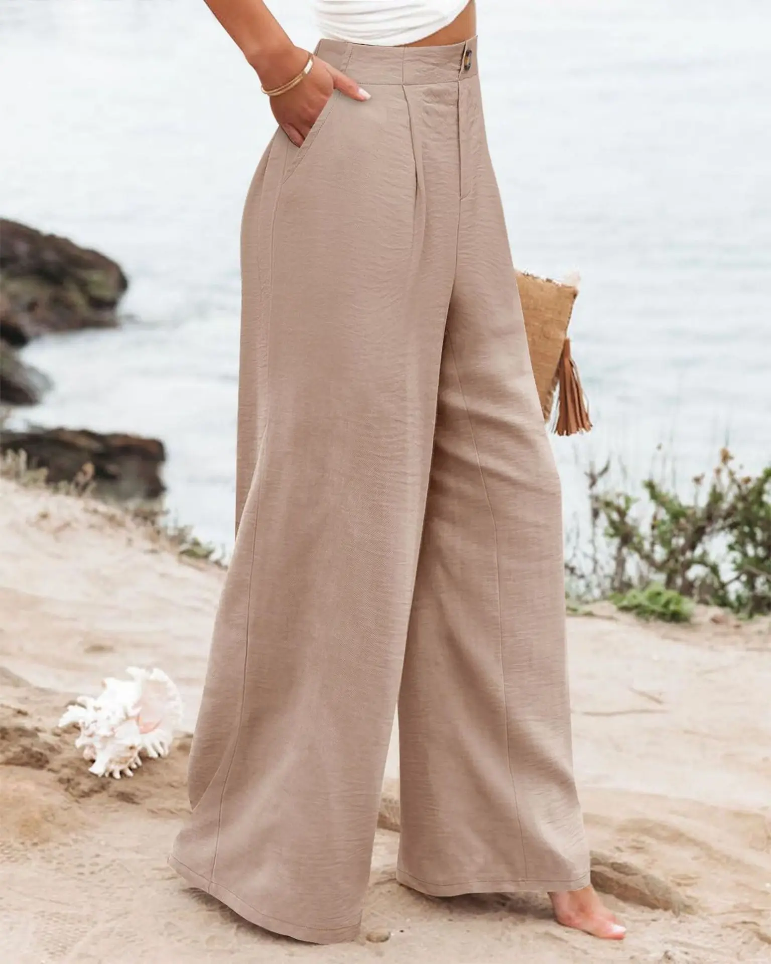 Retro Comfortable Summer Pocket Wide Leg Pants Women Elastic High Waist Casual Pants Loose Straight Solid Women's Trousers 2024