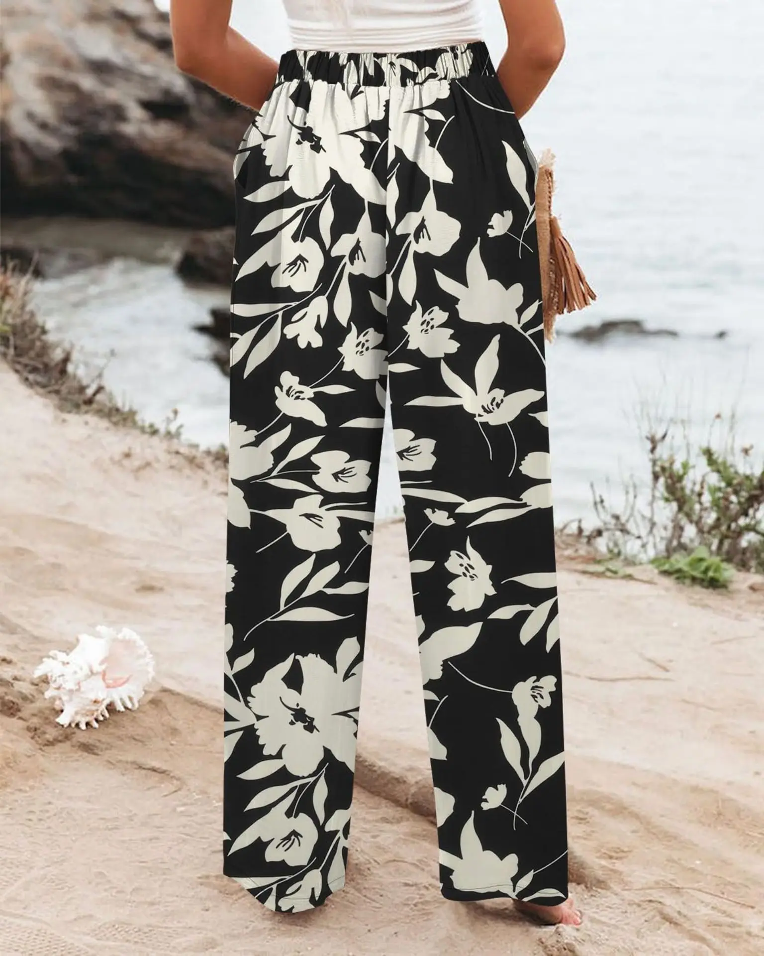 Retro Comfortable Summer Pocket Wide Leg Pants Women Elastic High Waist Casual Pants Loose Straight Solid Women's Trousers 2024