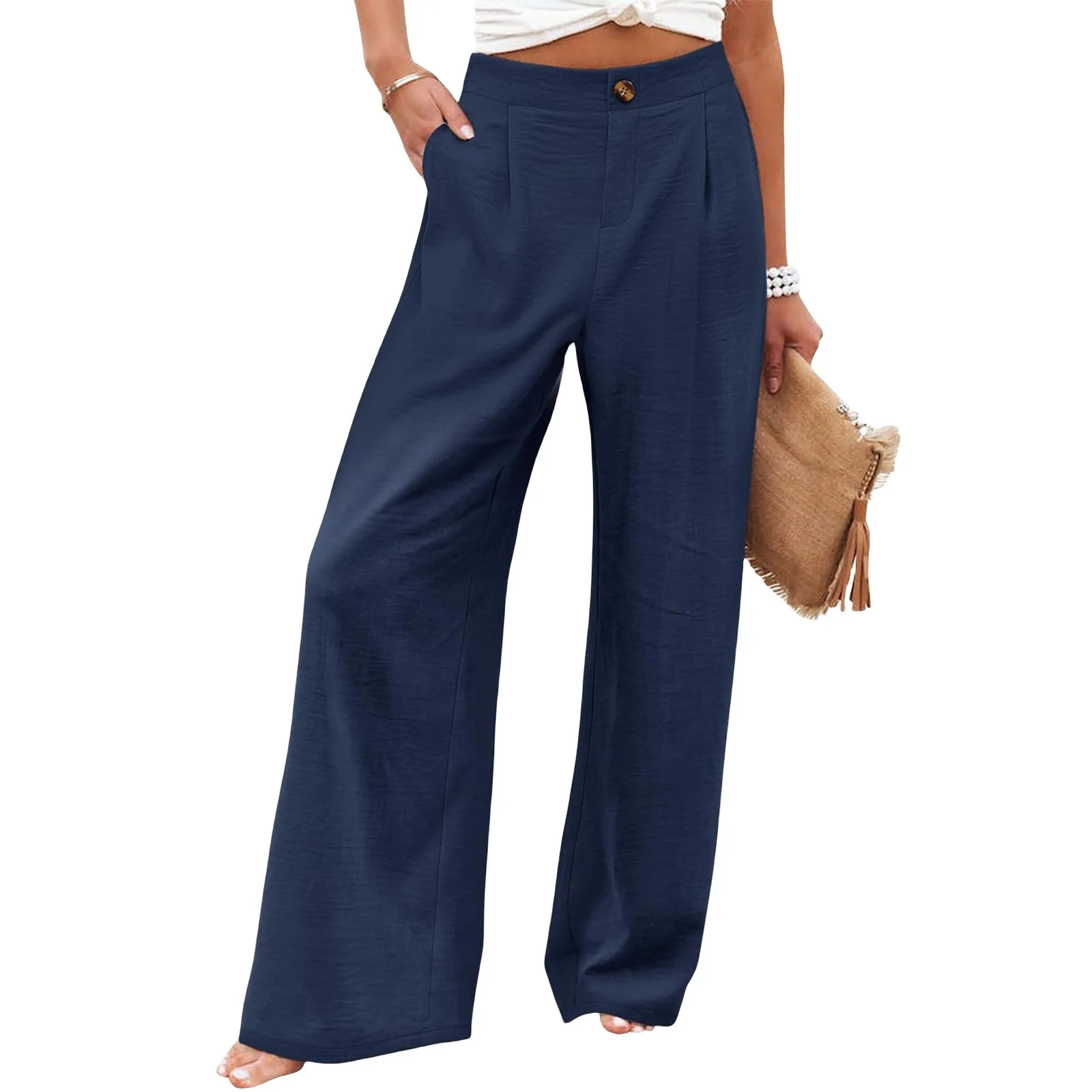 Retro Comfortable Summer Pocket Wide Leg Pants Women Elastic High Waist Casual Pants Loose Straight Solid Women's Trousers 2024