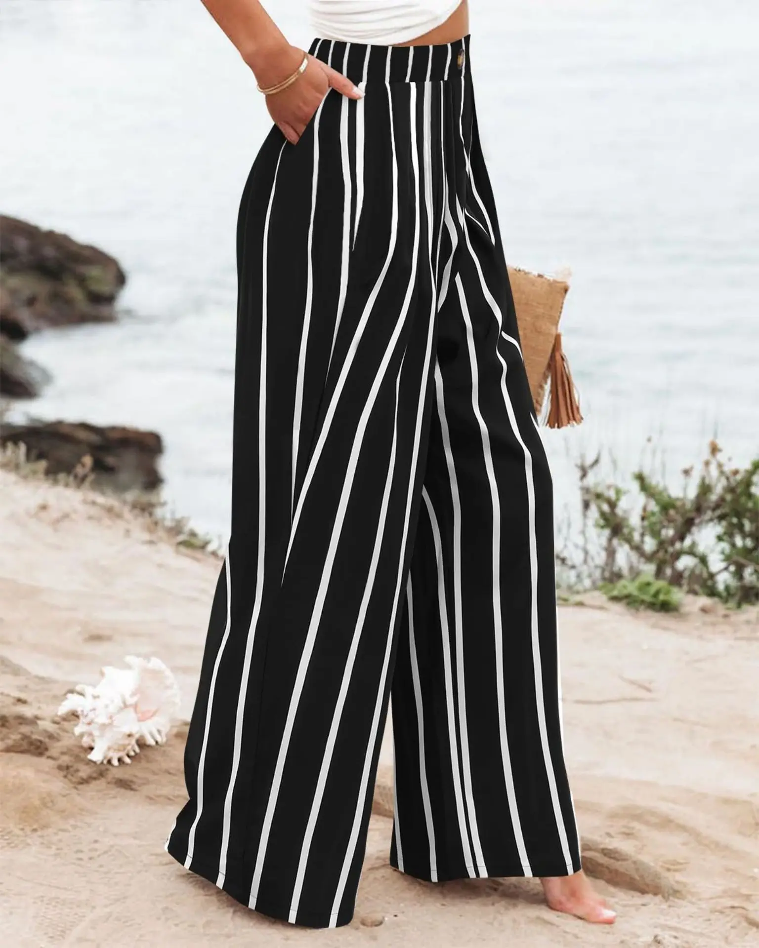 Retro Comfortable Summer Pocket Wide Leg Pants Women Elastic High Waist Casual Pants Loose Straight Solid Women's Trousers 2024