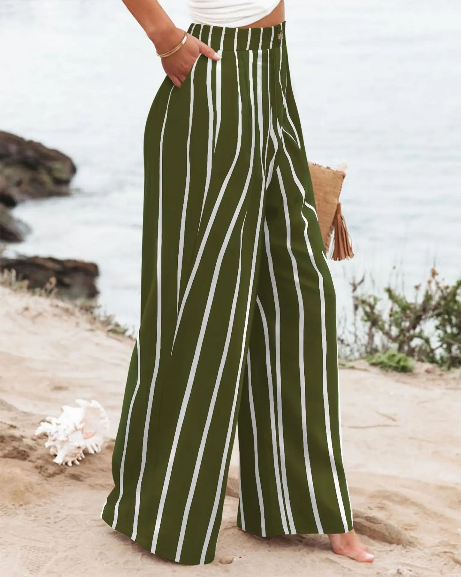 Retro Comfortable Summer Pocket Wide Leg Pants Women Elastic High Waist Casual Pants Loose Straight Solid Women's Trousers 2024
