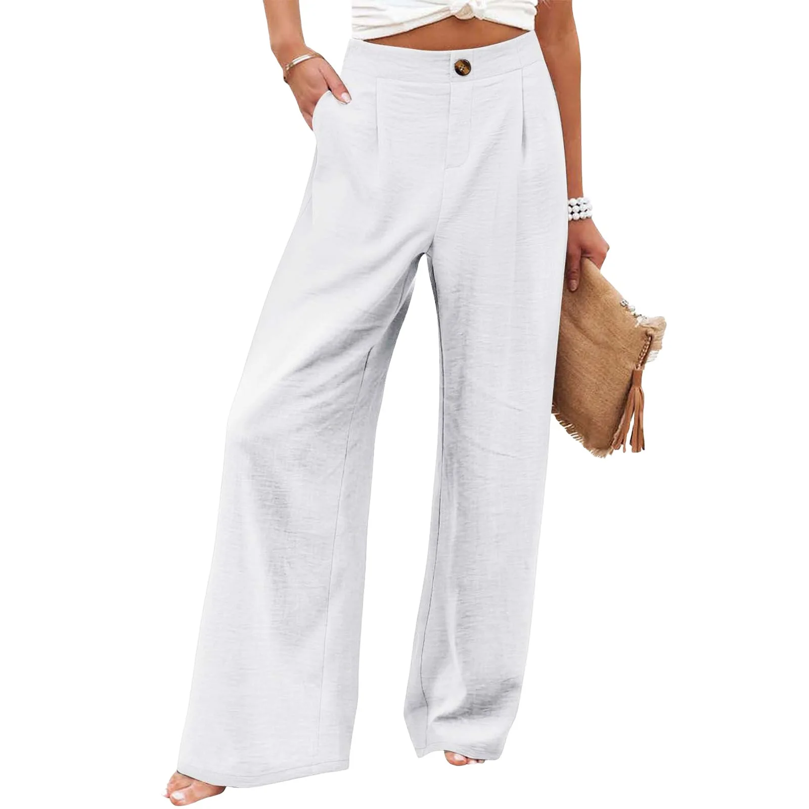 Retro Comfortable Summer Pocket Wide Leg Pants Women Elastic High Waist Casual Pants Loose Straight Solid Women's Trousers 2024
