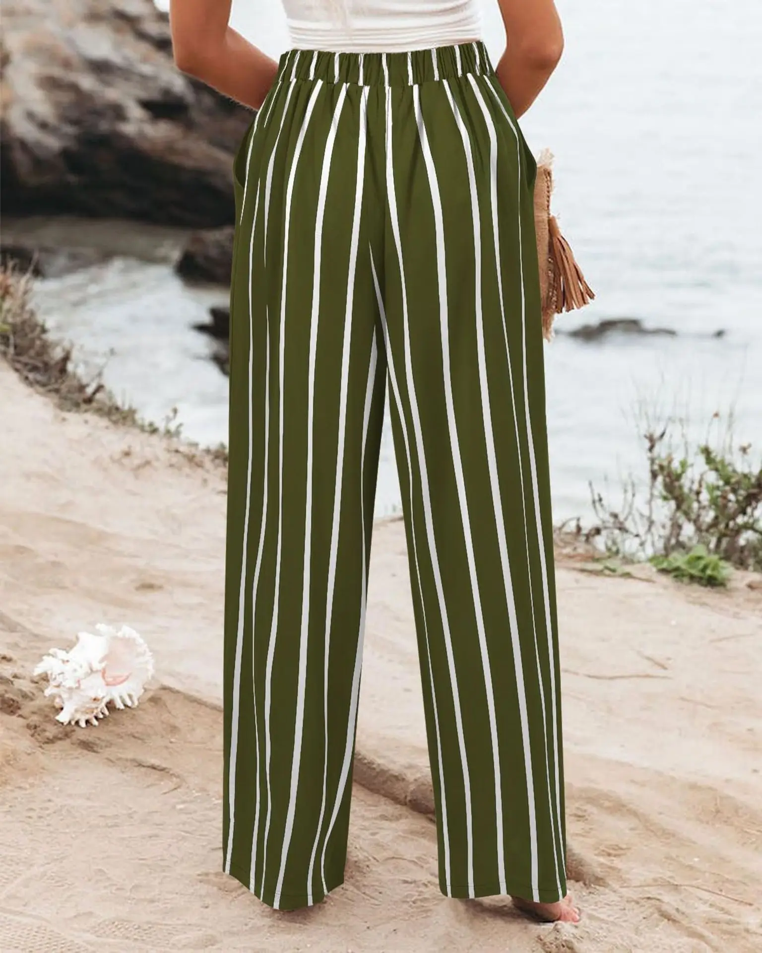 Retro Comfortable Summer Pocket Wide Leg Pants Women Elastic High Waist Casual Pants Loose Straight Solid Women's Trousers 2024