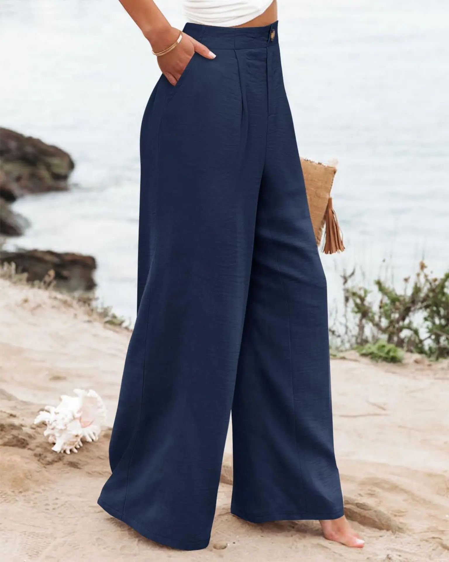 Retro Comfortable Summer Pocket Wide Leg Pants Women Elastic High Waist Casual Pants Loose Straight Solid Women's Trousers 2024