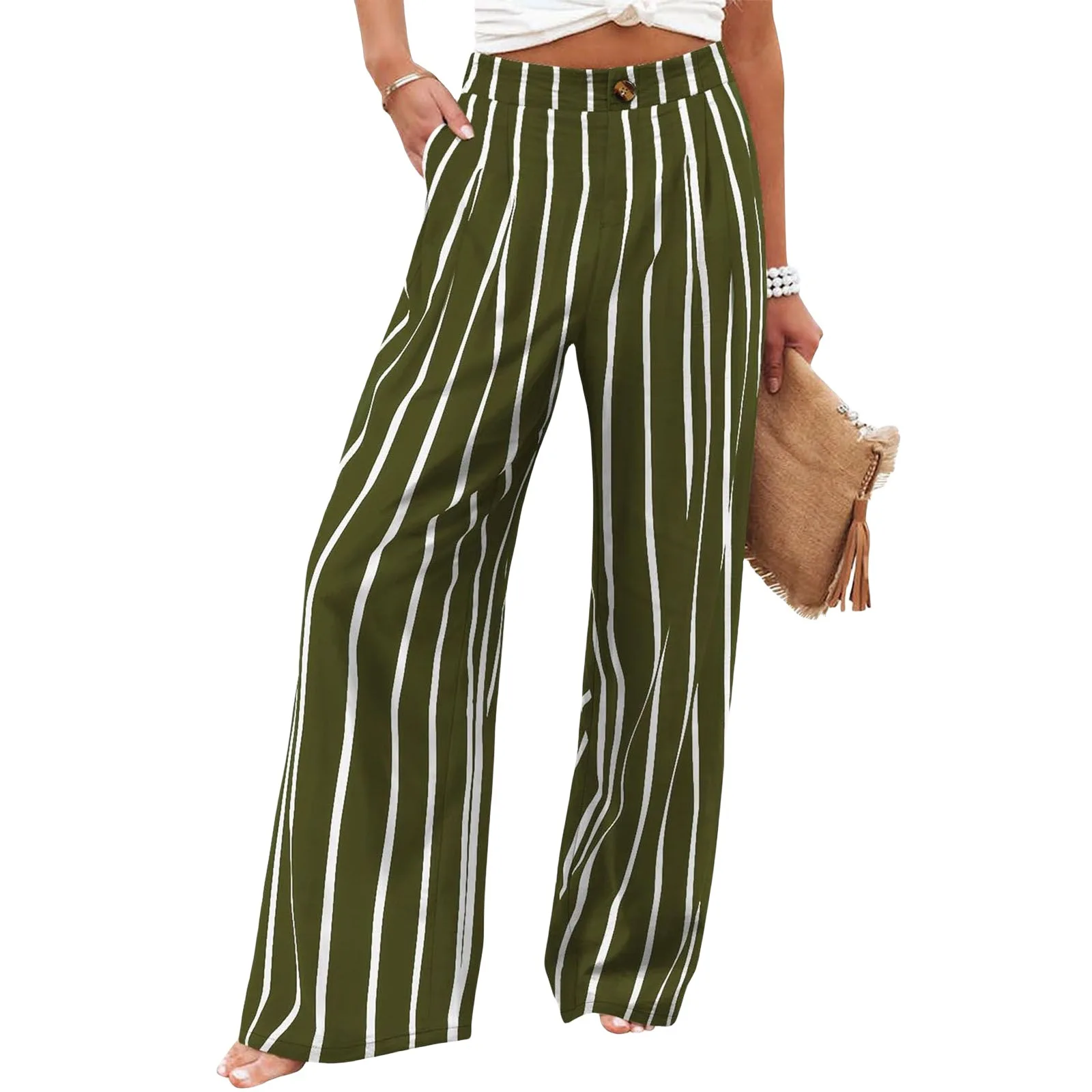 Retro Comfortable Summer Pocket Wide Leg Pants Women Elastic High Waist Casual Pants Loose Straight Solid Women's Trousers 2024