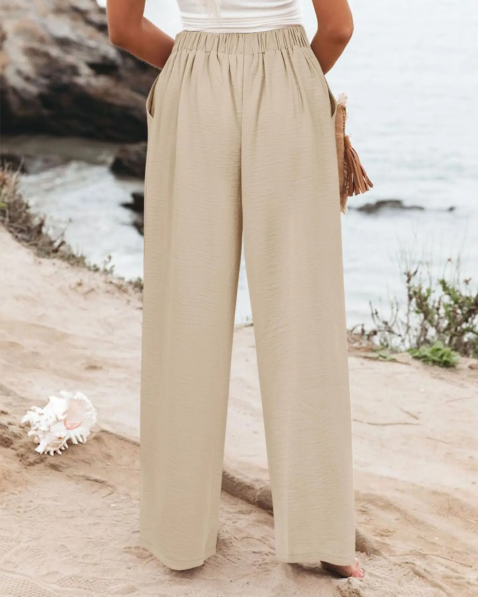 Retro Comfortable Summer Pocket Wide Leg Pants Women Elastic High Waist Casual Pants Loose Straight Solid Women's Trousers 2024