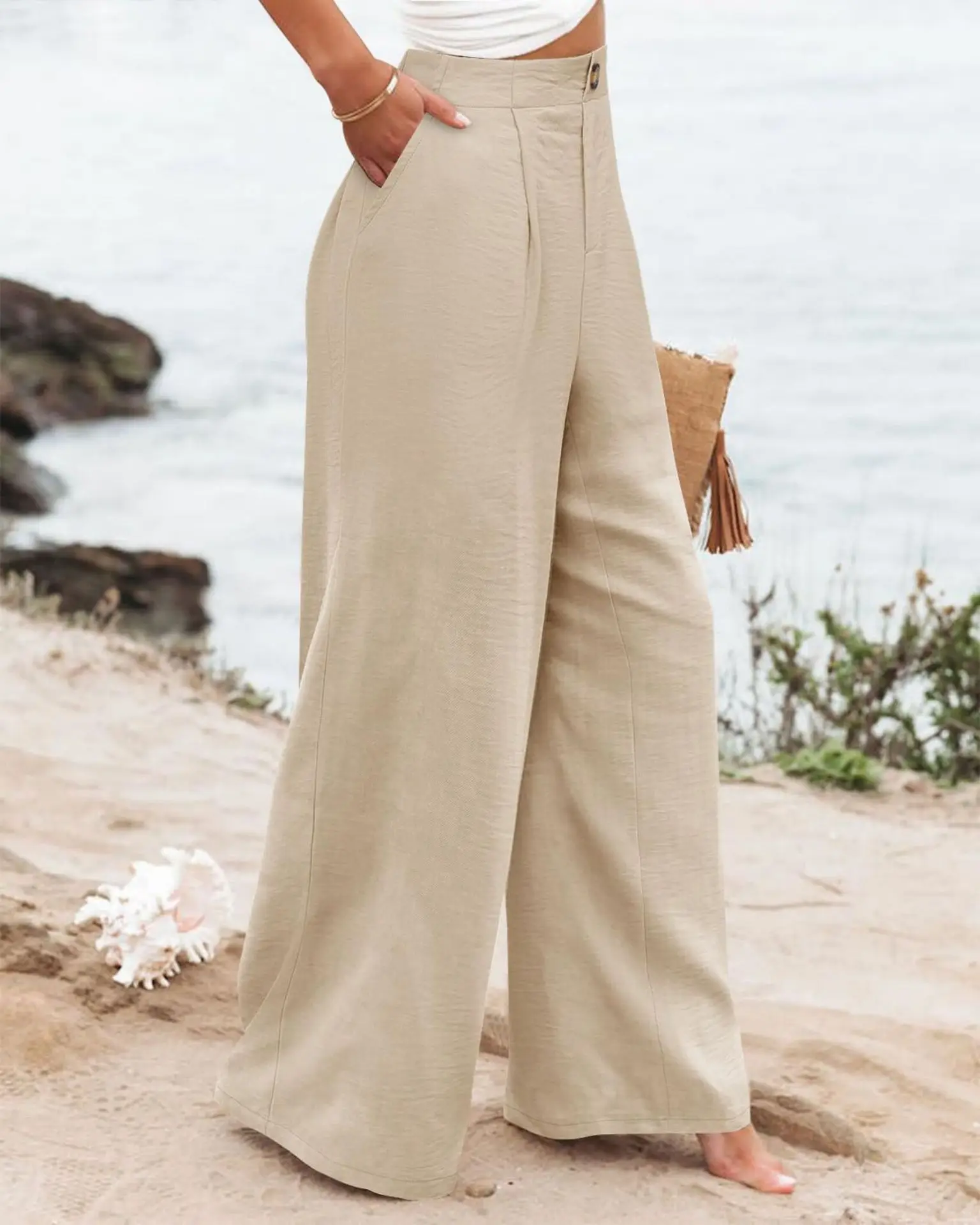 Retro Comfortable Summer Pocket Wide Leg Pants Women Elastic High Waist Casual Pants Loose Straight Solid Women's Trousers 2024