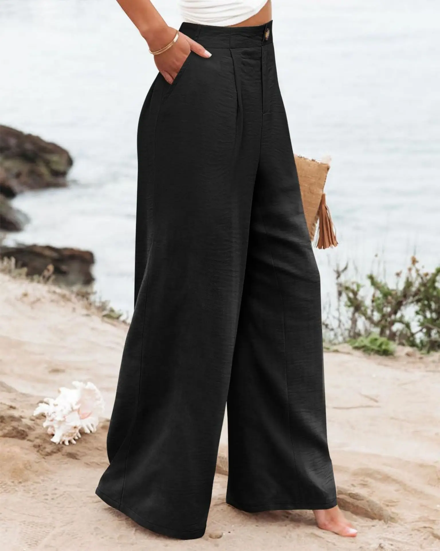 Retro Comfortable Summer Pocket Wide Leg Pants Women Elastic High Waist Casual Pants Loose Straight Solid Women's Trousers 2024